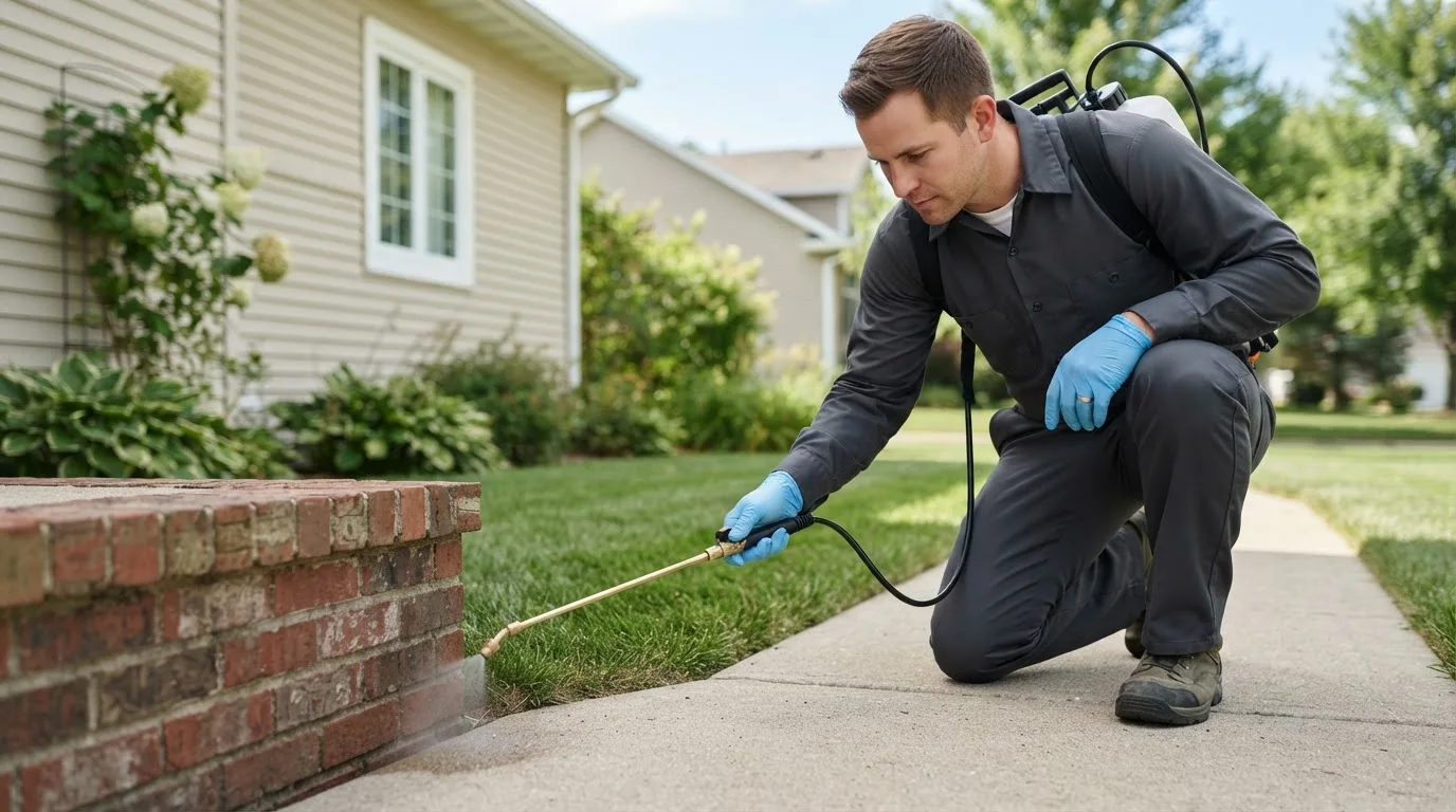 Pest control technician treating a home near Connellsville, PA